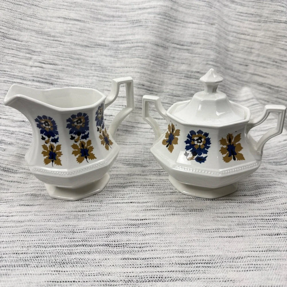 Johnson Brothers Jacobean Cream & Sugar‎ Set White Ironstone Floral Boho Cottage